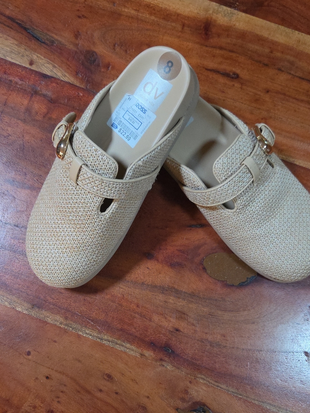 DV by Dolce Vita Natural Woven Slip-On Mules with Gold Buckle